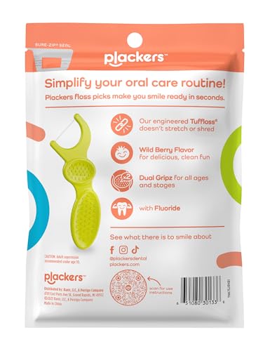 Plackers Kids Dual Gripz Floss Picks with Double Grip Handle, Wild Berry Flavor, 90 Count