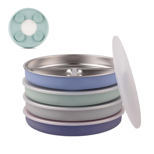 Elk and Friends Stainless Steel Divided Plates with Silicone Sleeve for Babies & Toddlers | Lids Included | Stay Put Suction | Dinner & Snack Plates | 4 Pack