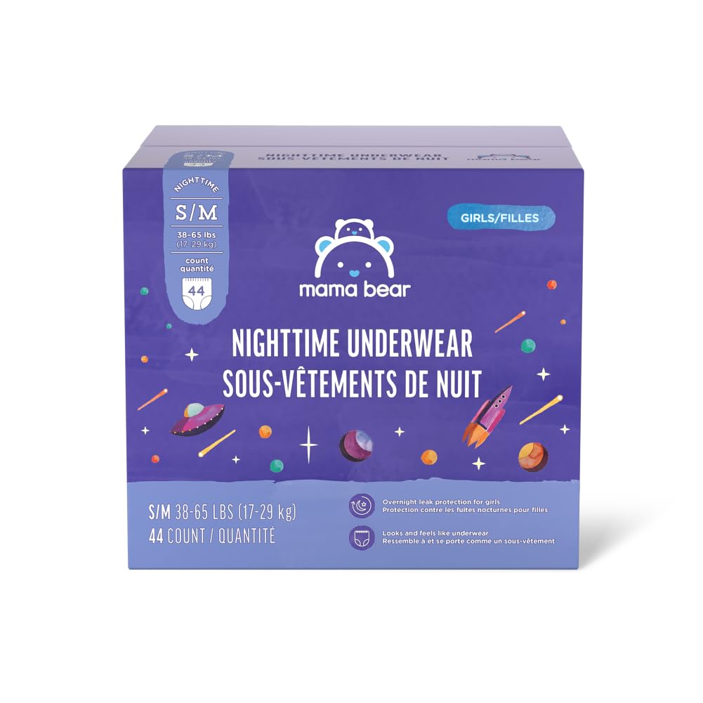 Amazon Brand - Mama Bear Girl's Nighttime Underwear for Bedwetting, Overnight Protection, Hypoallergenic, Size S/M (38-65 lbs), 44 Count, White