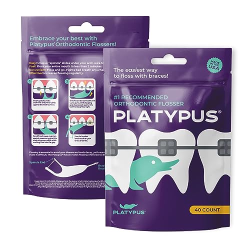 Platypus Orthodontic Flossers for Braces, 40 Count (Pack of 3), Ortho Picks for Adults & Kids, Fits Under Arch Wire, Non-Damaging, Encourage Flossing Habits
