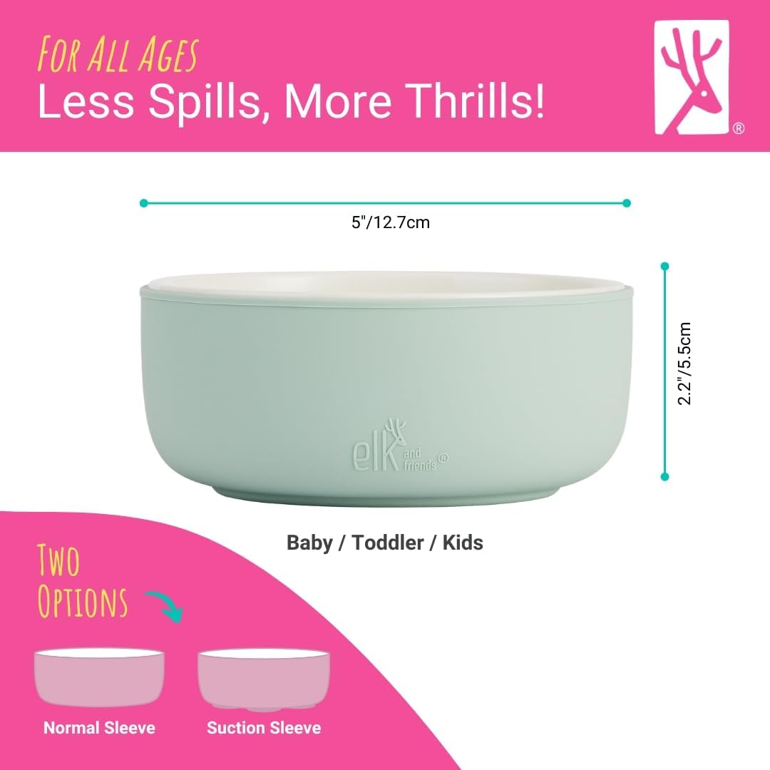Elk and Friends Kids Porcelain Bowls with Silicone Sleeve | Kids/Toddler/Baby Feeding | Microwave & Dishwasher Safe | Non slip | Cereal/Soup/Snack Dishes & Dinnerware