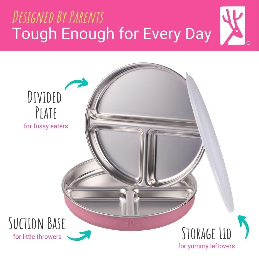 Elk and Friends Stainless Steel Divided Plates with Silicone Sleeve for Babies & Toddlers | Lids Included | Stay Put Suction | Dinner & Snack Plates | 4 Pack