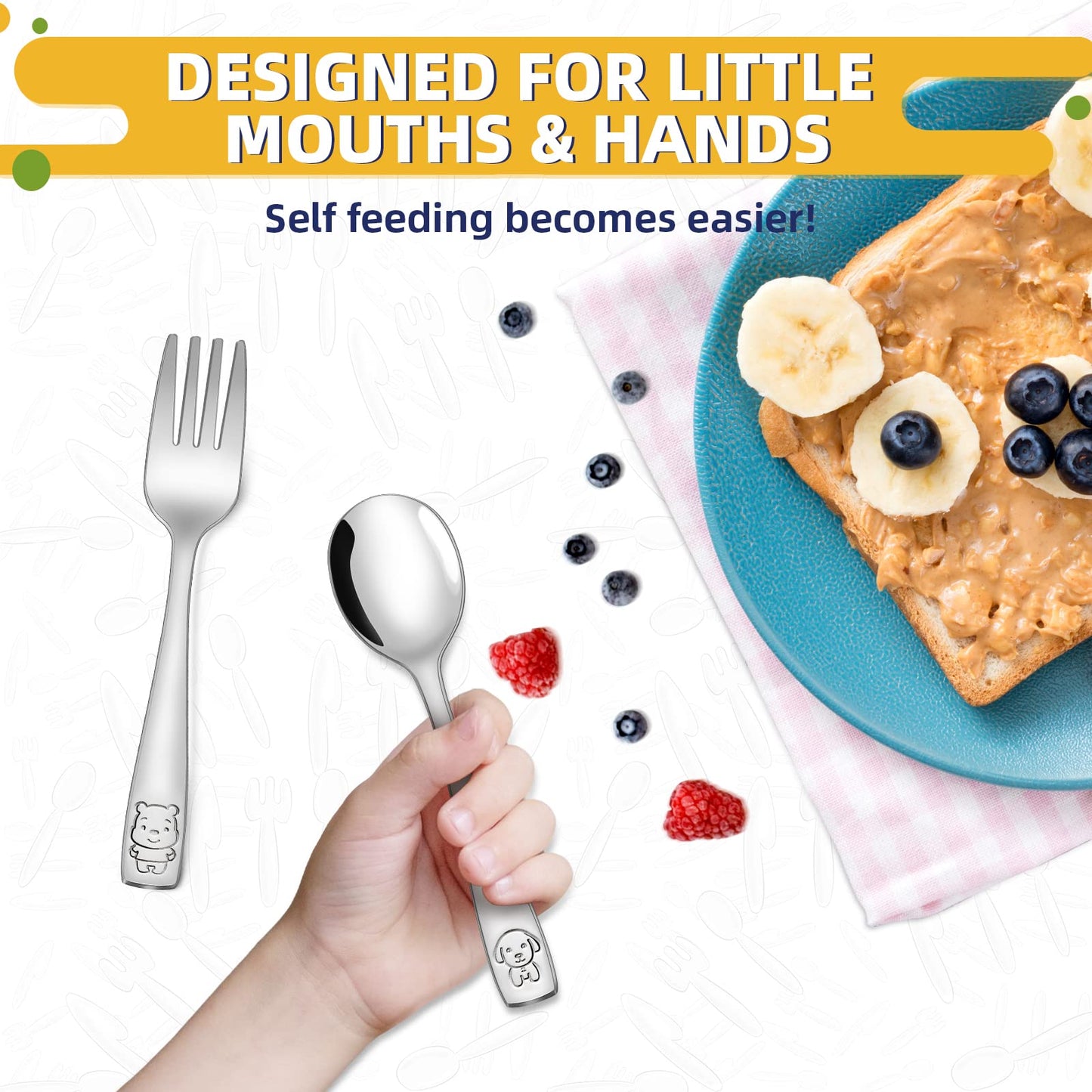 VITEVER 10-Piece Toddler Utensils, Kids Stainless Steel Silverware Set, Children Safe Forks and Spoons - Mirror Polished, Dishwasher Safe