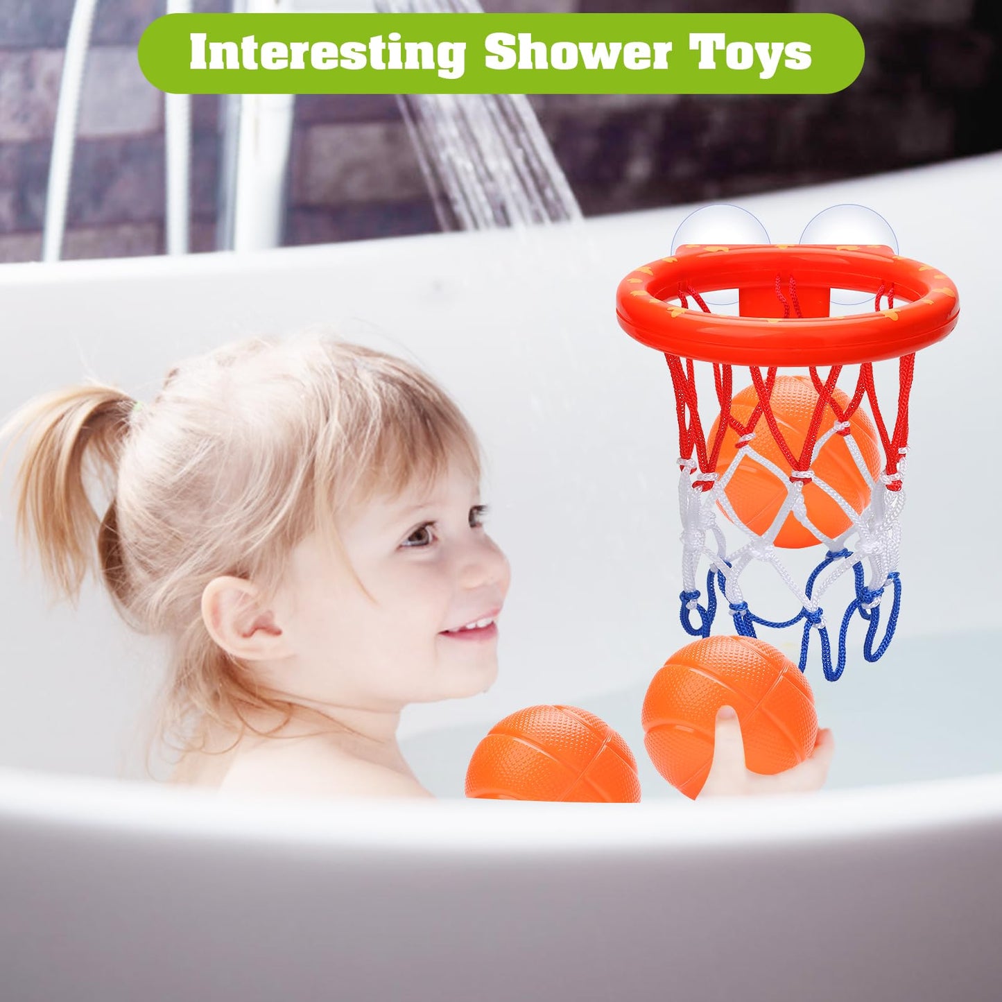 KSABVAIA Bath Toys - Bathtub Basketball Hoop for Kids Toddlers - Bath Toys Shower Toys for Kids Ages 4-8,Suction Cup Basketball Hoop & 3 No Hole Balls Set for Boys Girls