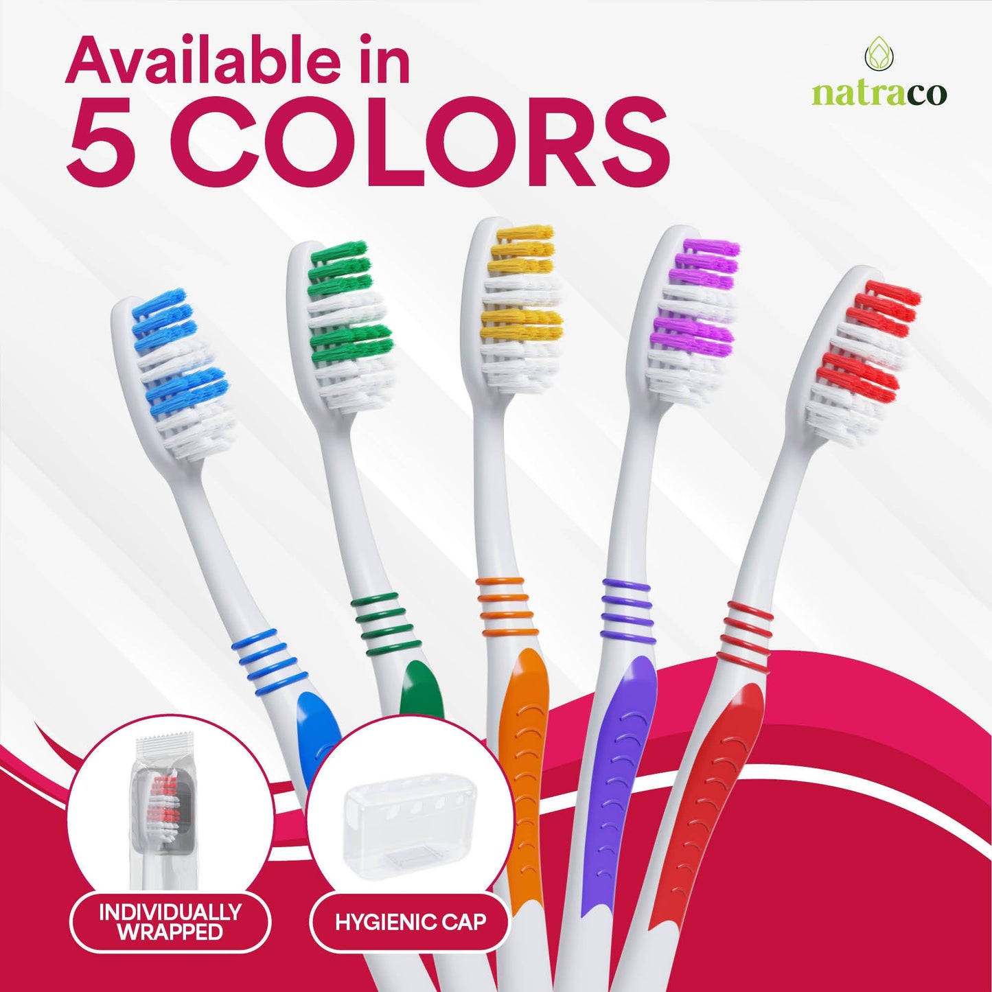 natraco Bulk Toothbrush Pack with Covers | Premium Quality Individually Wrapped Colorful Tooth Brushes | Medium Soft Bristles for Travel, Donations, Hotels (100)