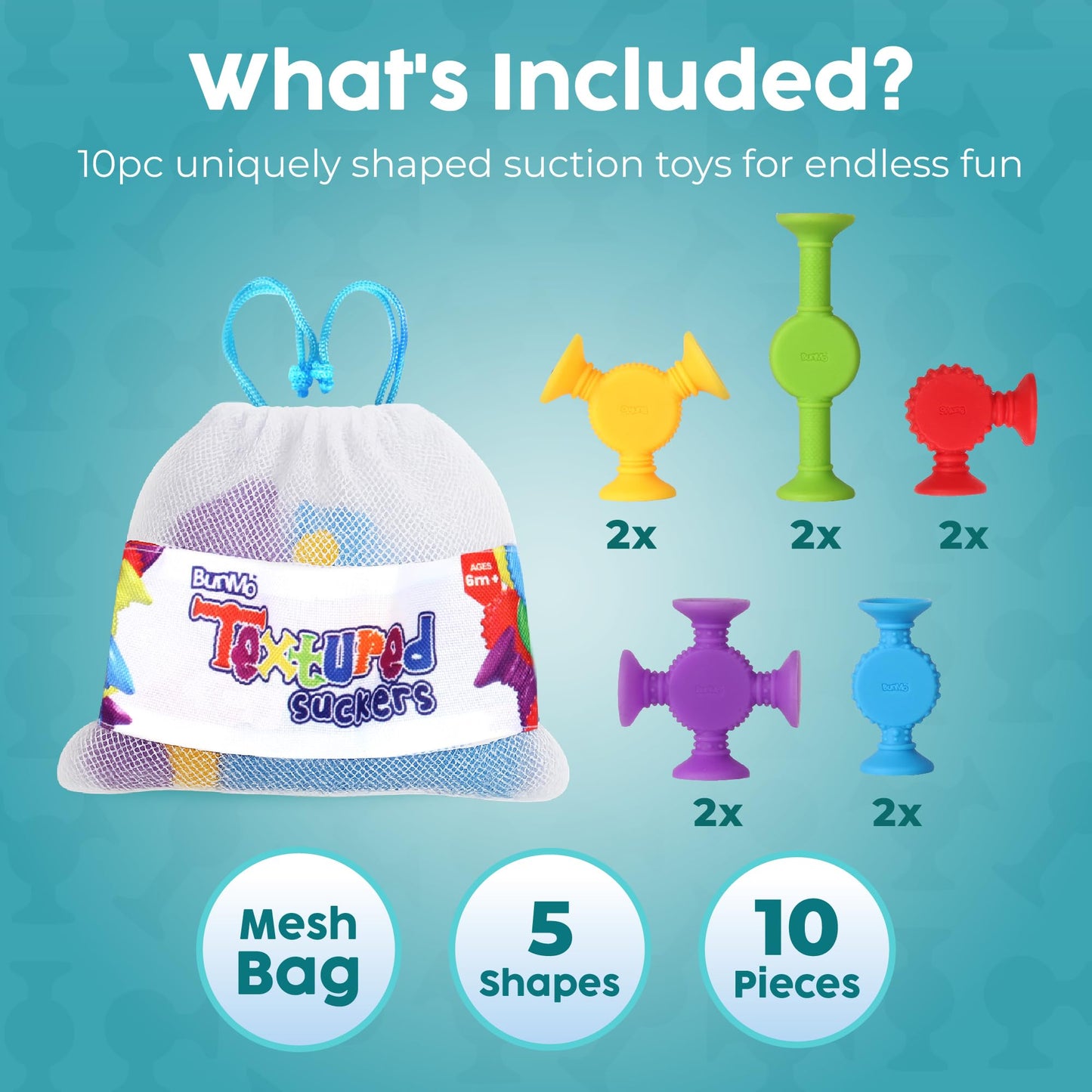 BUNMO Bath Toys Suction - Connect, Build, Create - Toddler Bath Toys - Hours of Fun & Creativity - Fine Motor Skills - Stimulating Sensory Toys - Non-Mouthable Toy 3+ - Textured 10 Pack