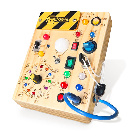 Iabedi Busy Board, Montessori Toy for 1-3 Years Old, Wooden Toddler Sensory Travel Toy, Ideal Gift for 1+ Year Old Boys (Busy Board Plus V2), Medium, Yellow