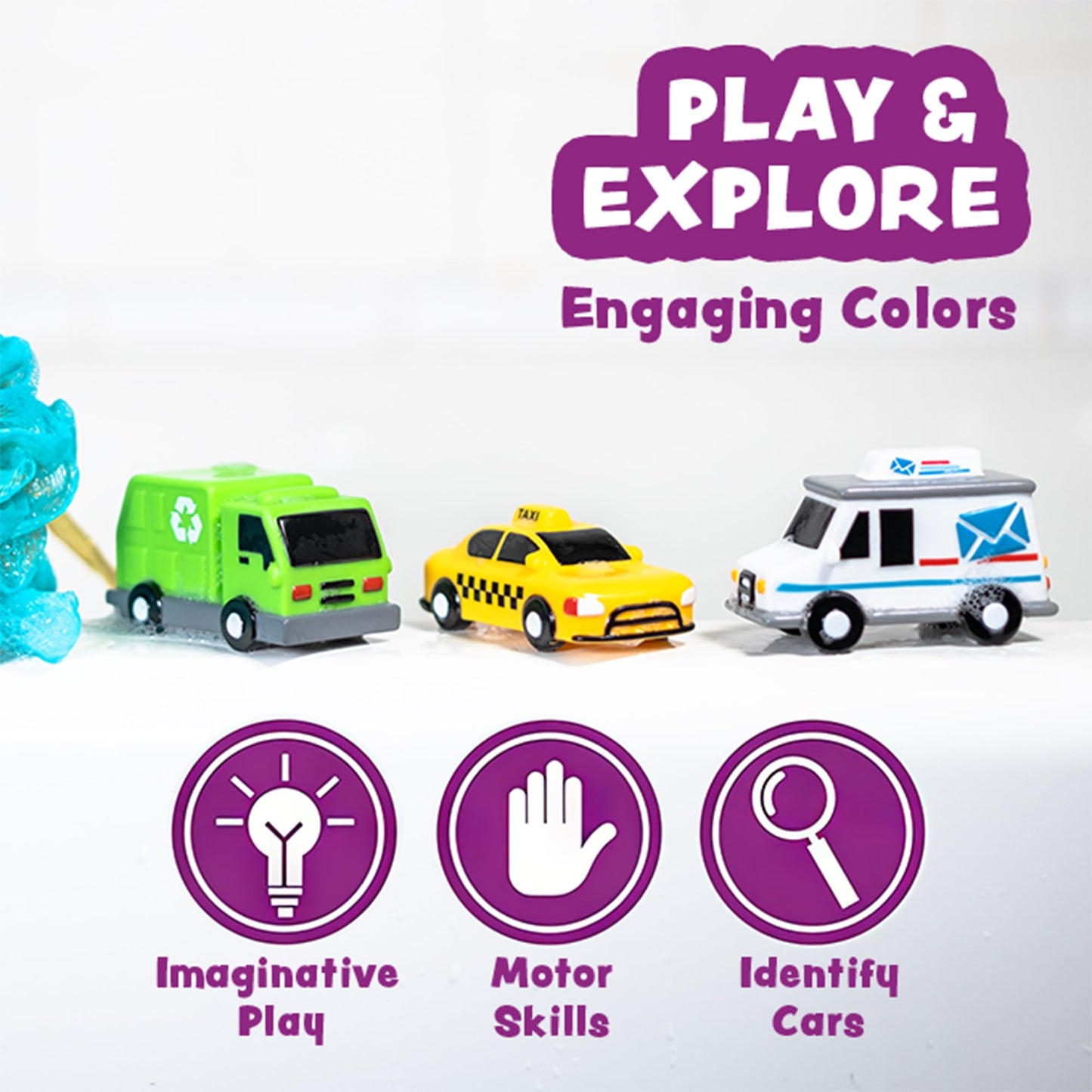 Tub Works® Vehicles™ Bath Cars Mold Free Bath Toys, 6 Pack | Sealed, No Hole Bath Toys Design Keeps Moisture Out | Soft, Squeezable & Float on Water | Fun Baby & Toddler Bath Toys | City Car Bath Toys