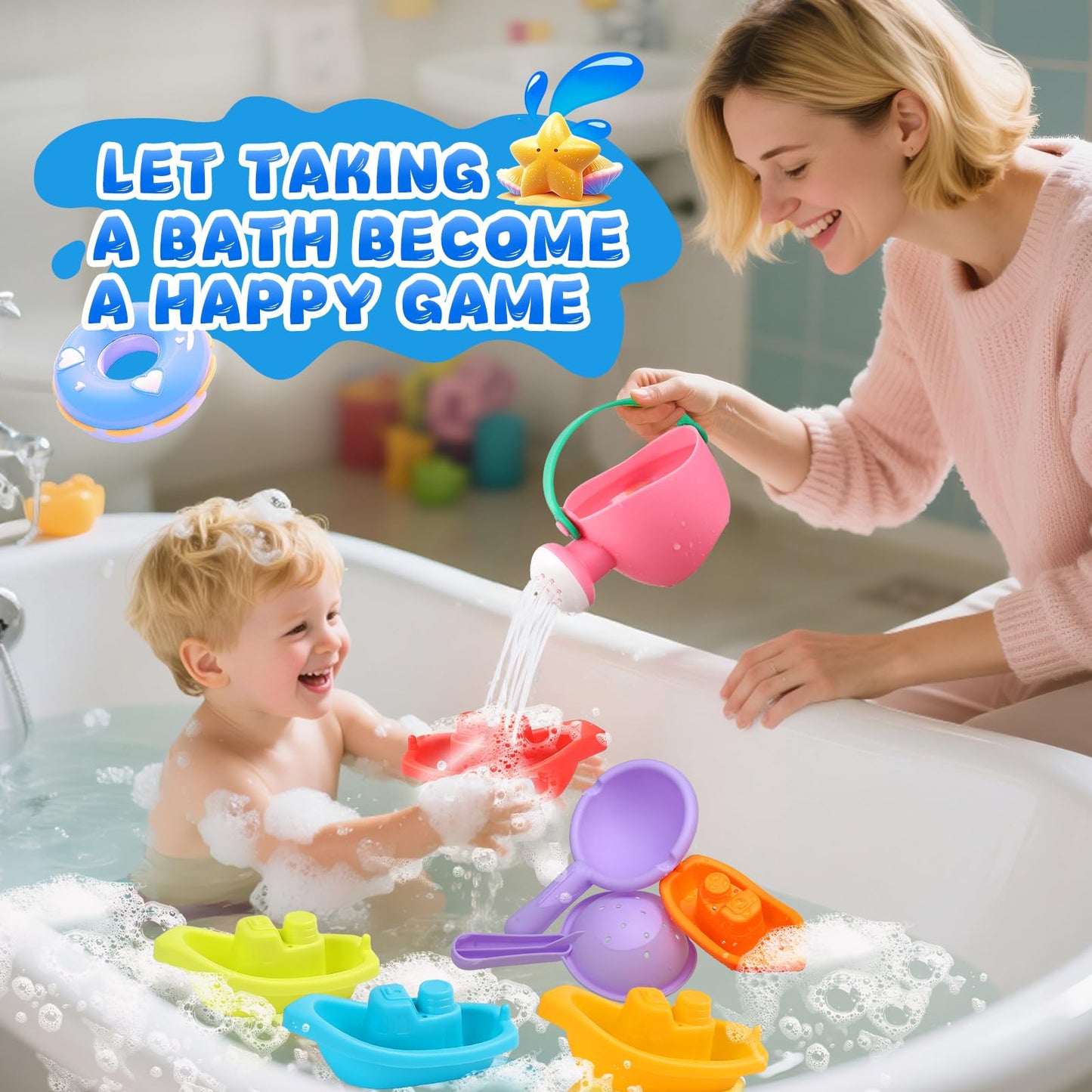 XIEMOMO Baby Bath Toys for Kids Ages 1-3 8PCS Toddler Bath Toys Mold Free and 1PCS Toy Storage Net Bag Bathtub Shower Floating Water Toys for 6 Months Up Boy Girl Gifts (Color Random)