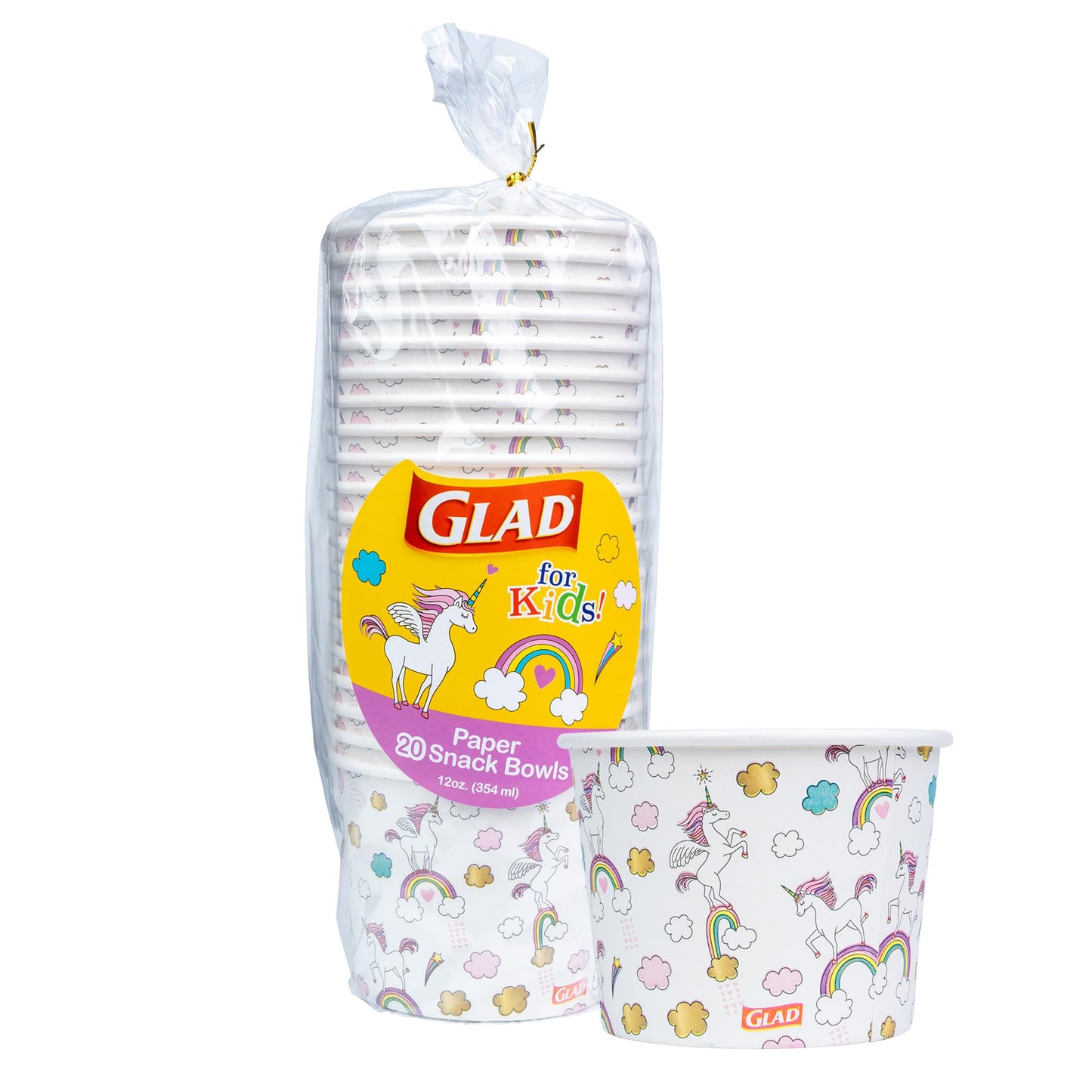 Glad for Kids Unicorns Paper Snack Bowls, Lids Not Included - Heavy Duty, Microwavable, Disposable Snack Cups with Lid for Soup or Ice Cream, 12 Ounce, 20 Count