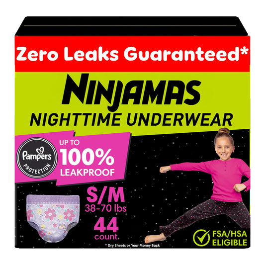 Ninjamas Girls Bedwetting Nighttime Underwear, Size S/M (38-70 lbs), 44 Count, Overnight Protection, Ultra Absorbent, Hypoallergenic