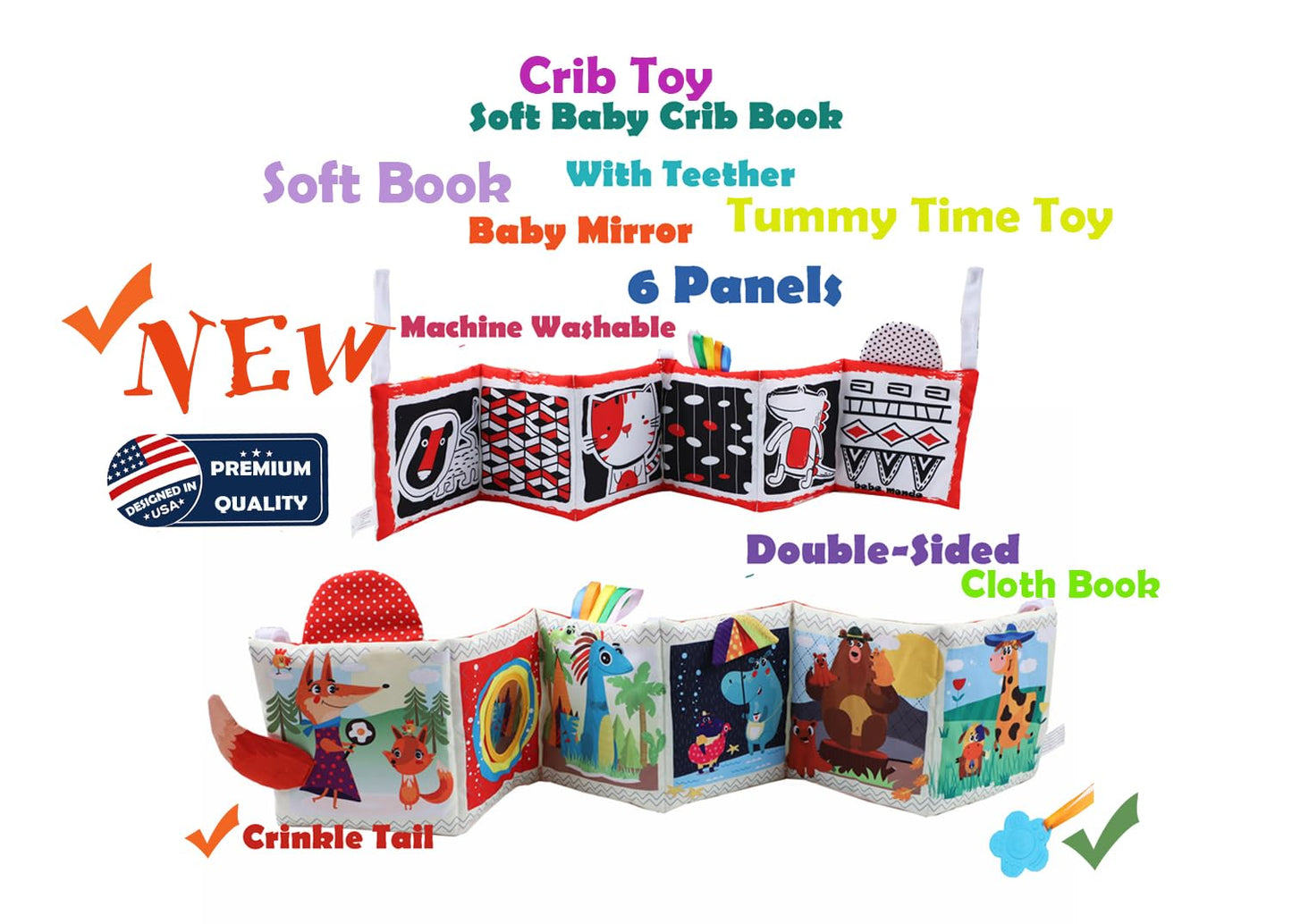 High Contrast Tummy Time Toys, Black and White Crinkle Books for Babies, Baby Books 0-6 Months, Infant Mirror Toy with Teether, Double-Sided Baby Toys for Boys and Girls