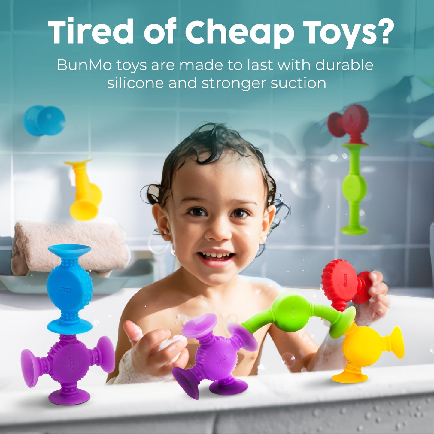 BUNMO Bath Toys Suction - Connect, Build, Create - Toddler Bath Toys - Hours of Fun & Creativity - Fine Motor Skills - Stimulating Sensory Toys - Non-Mouthable Toy 3+ - Textured 10 Pack