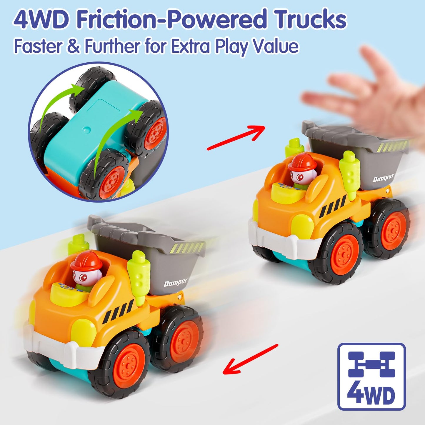 HOLA Toys for 1 2 Year Old Boy Birthday Gifts - 6 PCS 4WD Friction-Powered Toddler Boy Trucks, Mini Car Toddler Toy 1-2 Early Educational Baby Toys 12-18 Month Christmas Basket Stuffers