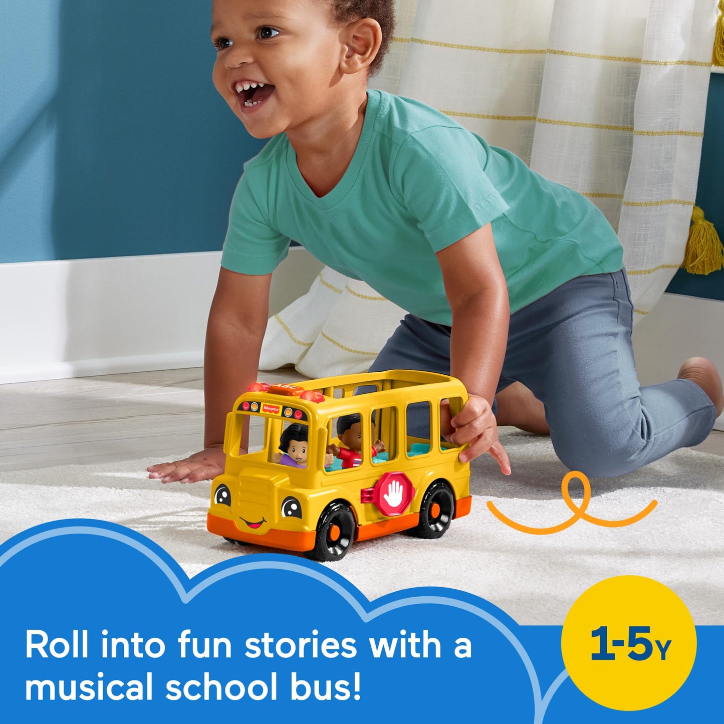 Fisher-Price Little People Toddler Toy School Bus Musical Push-Along Vehicle with 2 Figures for Pretend Play Ages 1+ Years