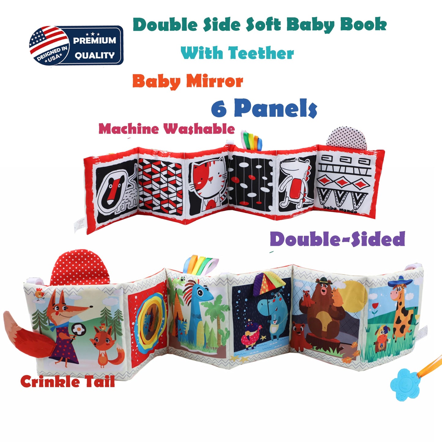 High Contrast Tummy Time Toys, Black and White Crinkle Books for Babies, Baby Books 0-6 Months, Infant Mirror Toy with Teether, Double-Sided Baby Toys for Boys and Girls