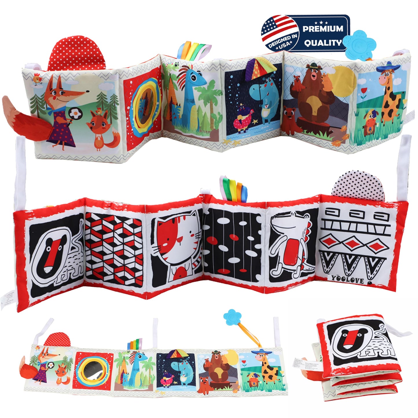 High Contrast Tummy Time Toys, Black and White Crinkle Books for Babies, Baby Books 0-6 Months, Infant Mirror Toy with Teether, Double-Sided Baby Toys for Boys and Girls