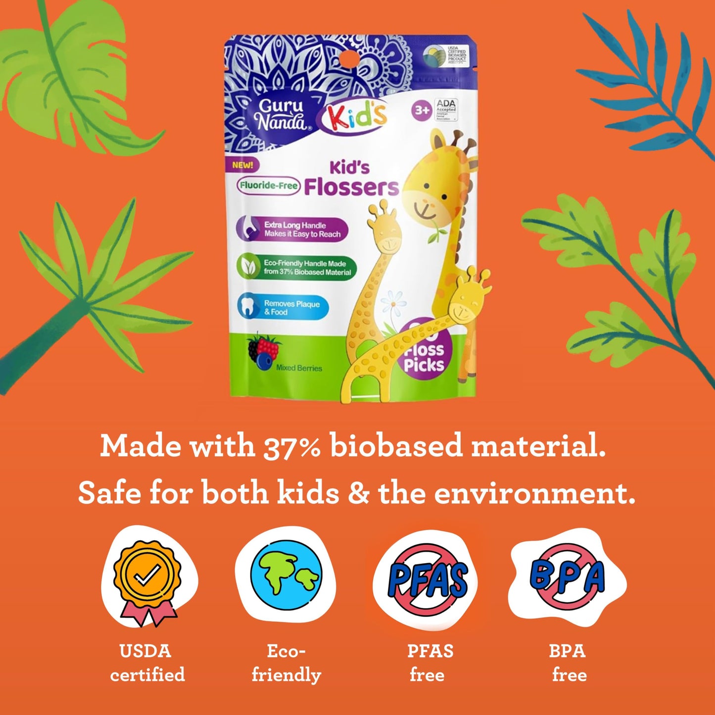 GuruNanda Dental Floss Picks for Kids, Extra-Long Giraffe-Shaped Picks, Fluoride-Free, Anti-Slip & Shred-Resistant Design & Eco-Friendly Handle & Berry Flavor, Ideal for Ages 3+, 90 Count (Pack of 1)