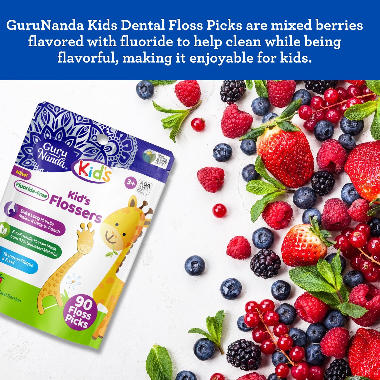 GuruNanda Dental Floss Picks for Kids, Extra-Long Giraffe-Shaped Picks, Fluoride-Free, Anti-Slip & Shred-Resistant Design & Eco-Friendly Handle & Berry Flavor, Ideal for Ages 3+, 90 Count (Pack of 1)